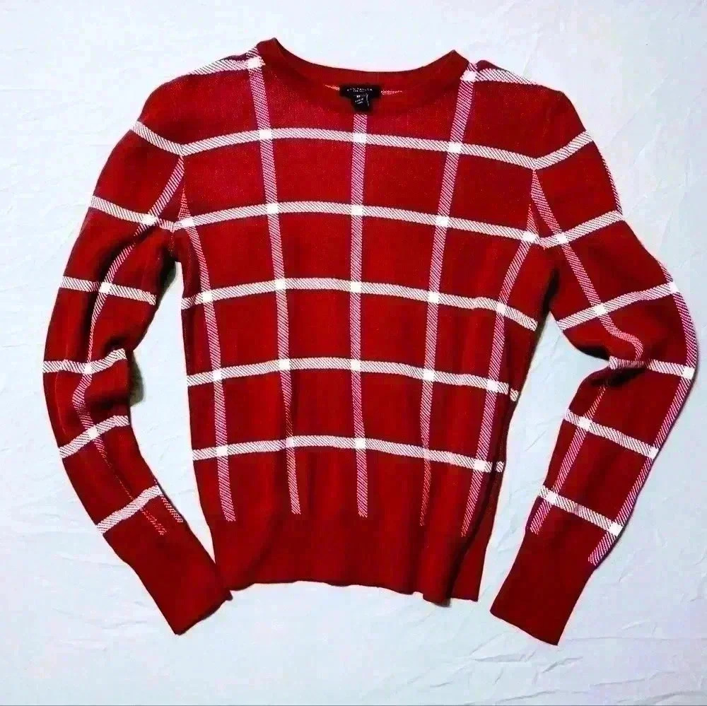Ann Taylor Factory Pullover Sweater Sz Maroon Striped Cotton Blend Long Sleeve